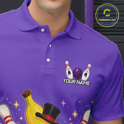 Purple polo shirt with cartoon bowling design and customizable text on a dark background
