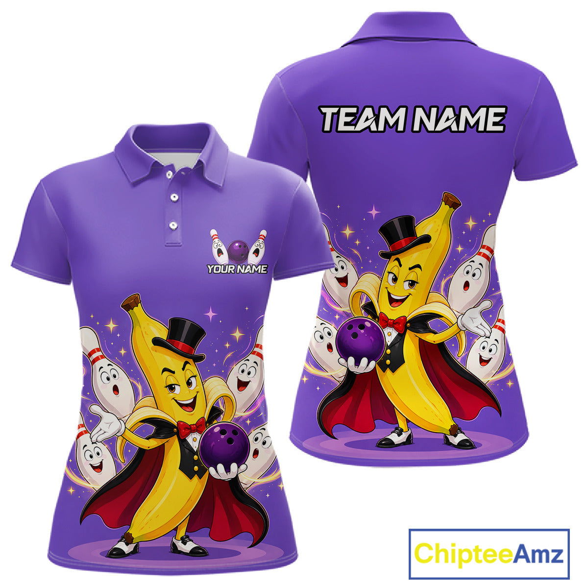 Purple polo shirt with cartoon bananas and bowling balls, customizable text on a white background