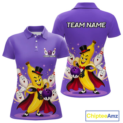 Purple polo shirt with cartoon bananas and bowling balls, customizable text on a white background