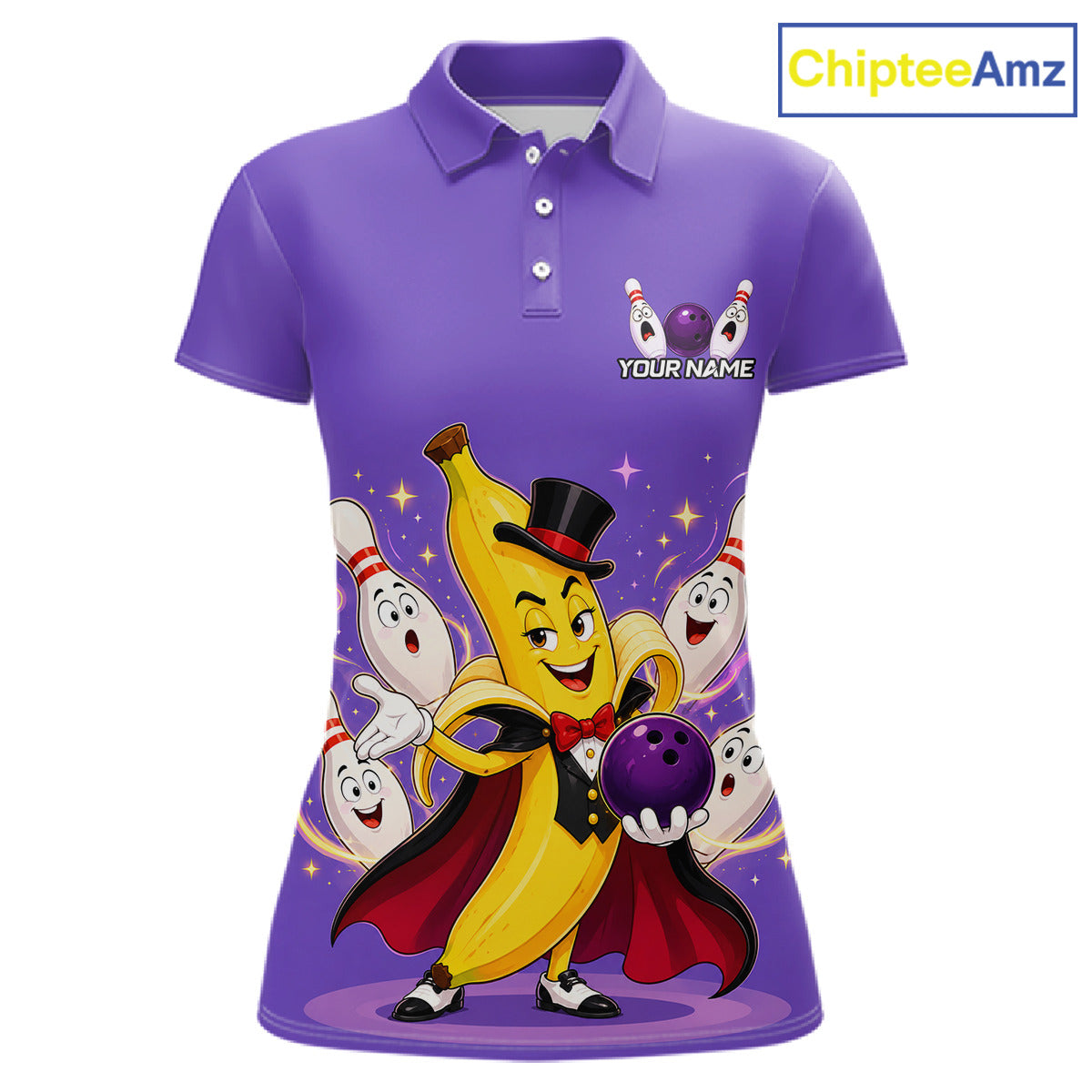 Purple polo shirt with cartoon character design and 'ChipteeAmz' branding