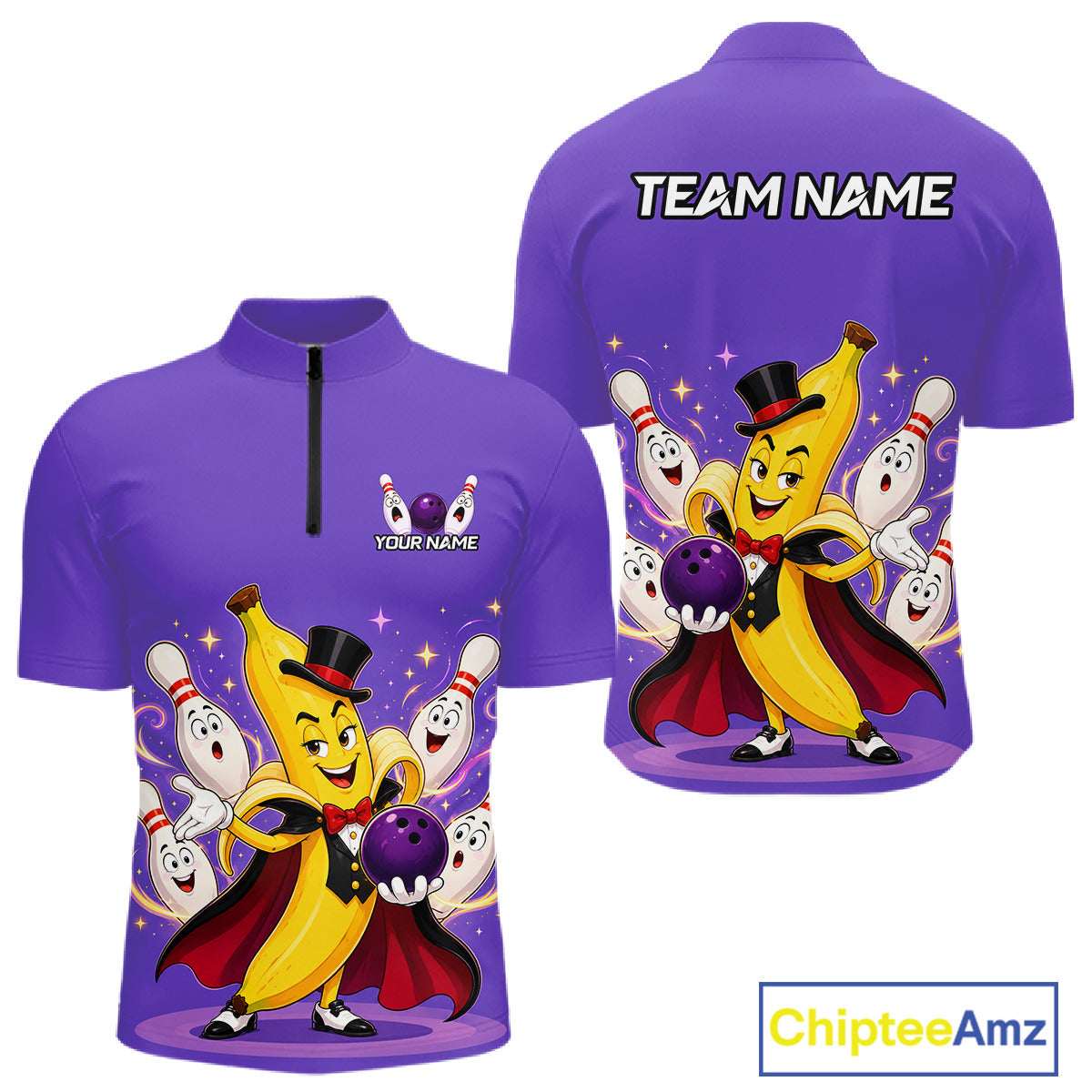 Purple bowling jersey with cartoon banana character and bowling pins on a white background