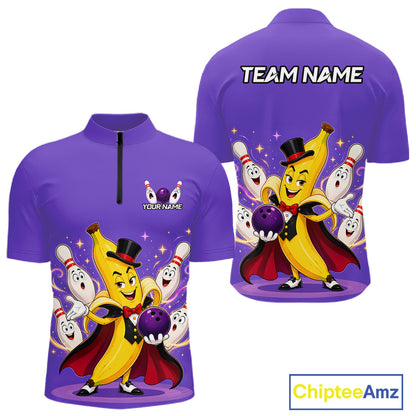 Purple bowling jersey with cartoon banana character and bowling pins on a white background