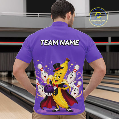 Person wearing a purple bowling-themed shirt with cartoon characters in a bowling alley.