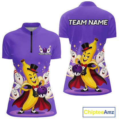 Purple shirt with cartoon banana character and customizable text on a white background