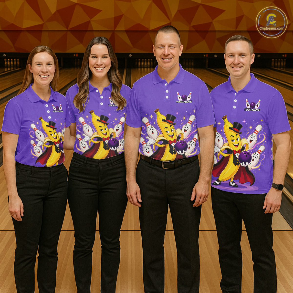 Four people wearing matching purple shirts with cartoon characters on a bowling alley.