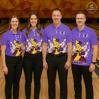 Four people wearing matching purple shirts with cartoon characters on a bowling alley.