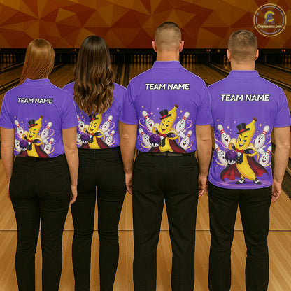 Four people wearing purple shirts with cartoon characters and 'Team Name' text on a bowling alley background.