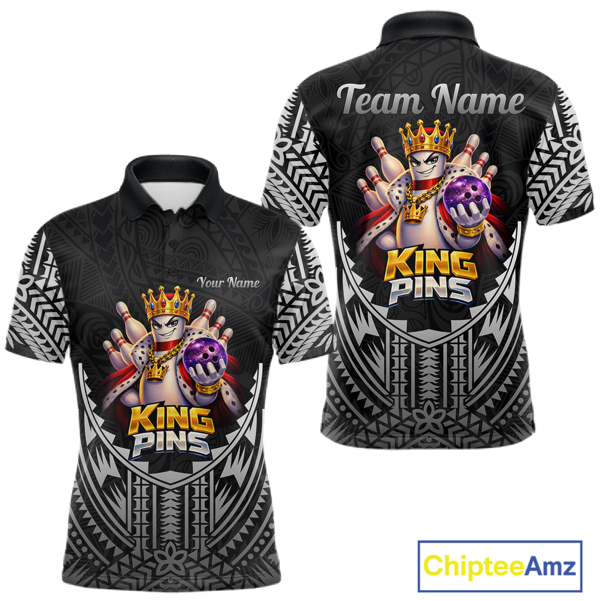 Funny King Pins Bowling Team Shirt for Men Custom Tribal Buddies Bowling Jersey Polo & 1/4 Zip QZT946