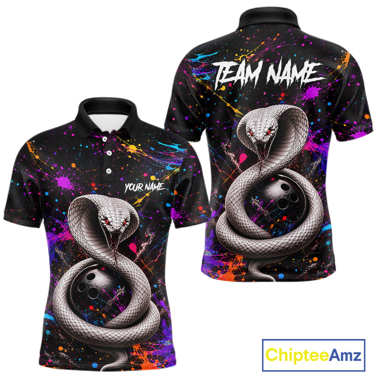 Colorful polo shirt with snake design and 'Team Name' text on a white background