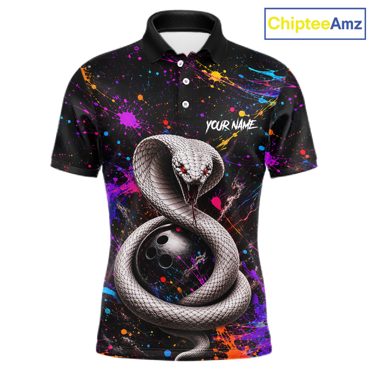Polo shirt with snake design and colorful splashes on a black background, branded 'ChipteeAmz'.