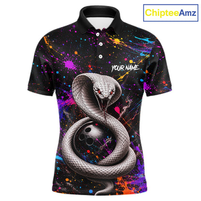 Polo shirt with snake design and colorful splashes on a black background, branded 'ChipteeAmz'.