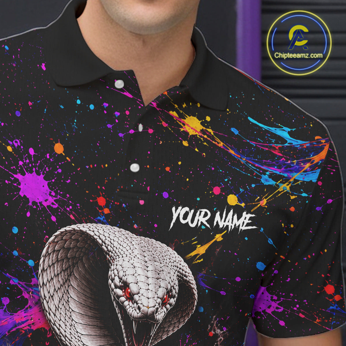 Black polo shirt with colorful splashes and a snake design, featuring 'Your Name' text.