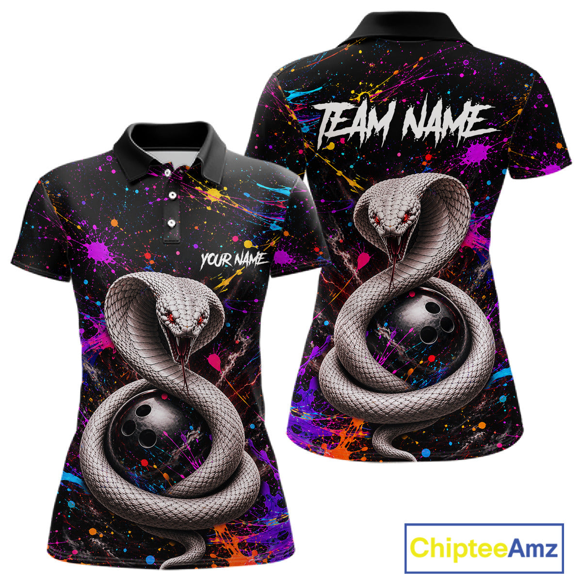 Two polo shirts with snake and bowling ball design on a colorful splatter background, featuring 'Chiptee Amz' branding.