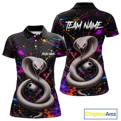 Two polo shirts with snake and bowling ball design on a colorful splatter background, featuring 'Chiptee Amz' branding.