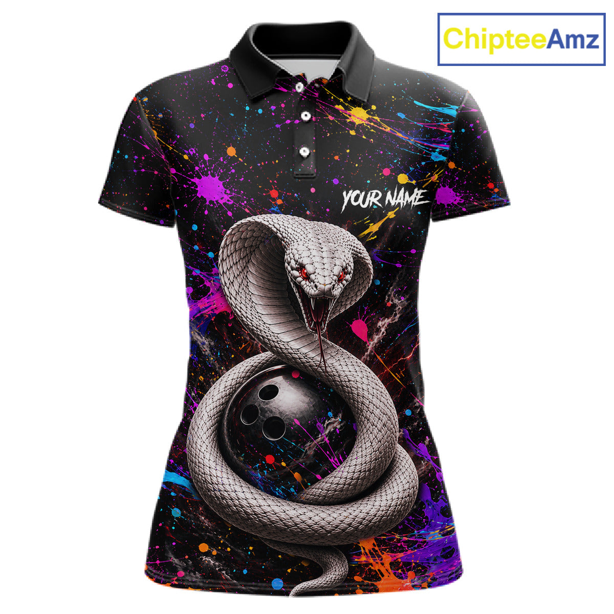 Polo shirt with snake design and colorful splashes on a black background, branded 'ChipteeAmz'.