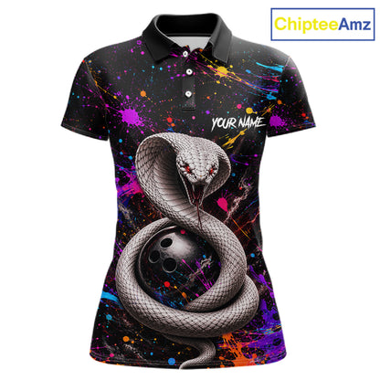 Polo shirt with snake design and colorful splashes on a black background, branded 'ChipteeAmz'.