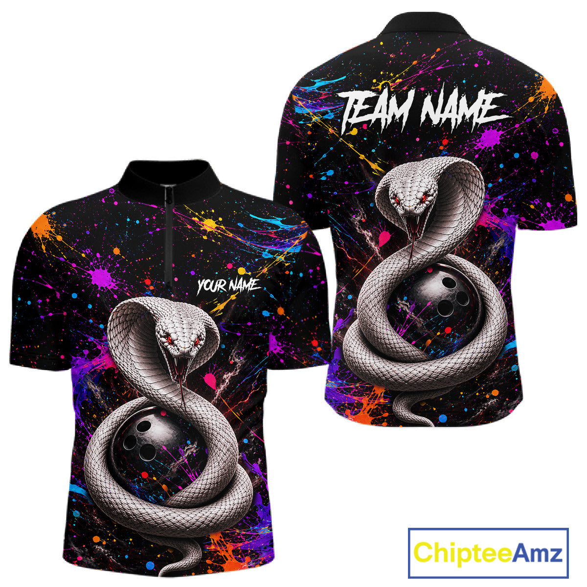 Colorful bowling shirt with snake design and customizable text on a white background