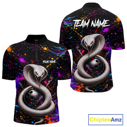 Colorful bowling shirt with snake design and customizable text on a white background
