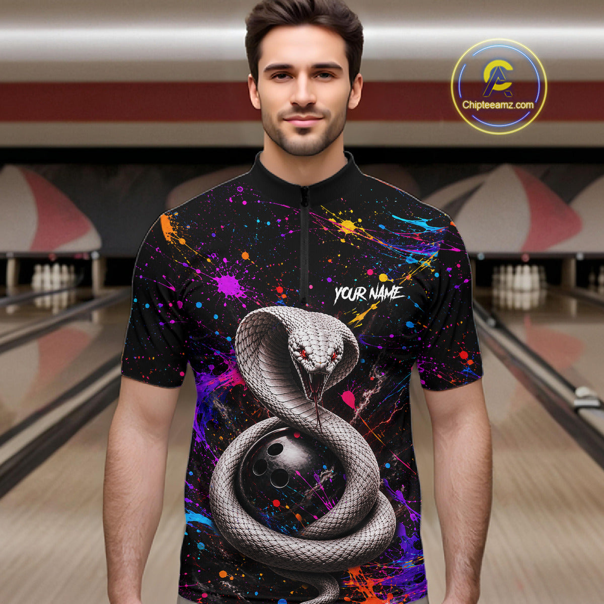 Man wearing a black shirt with a snake design in a bowling alley