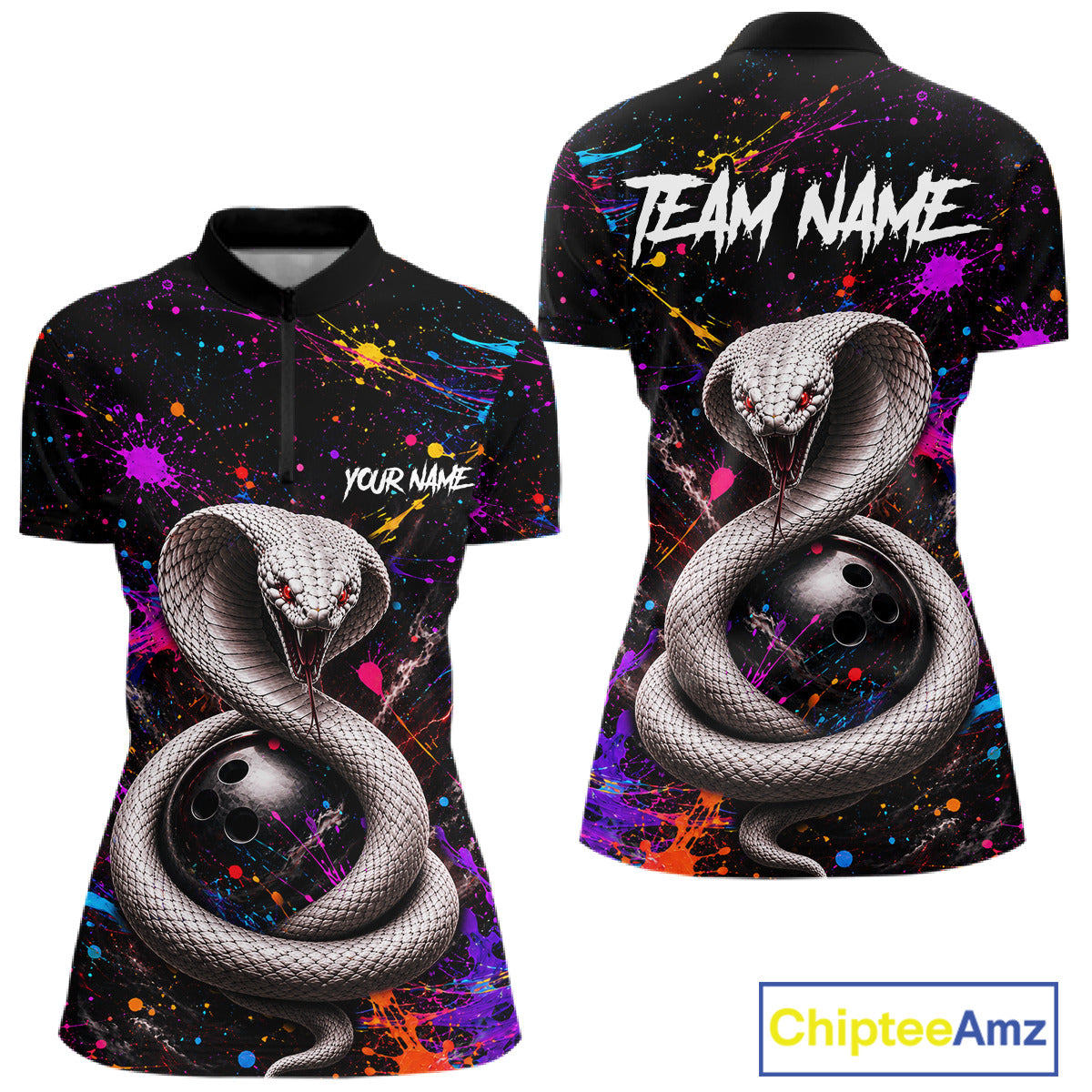 Bowling shirt with snake design and customizable text on a colorful background
