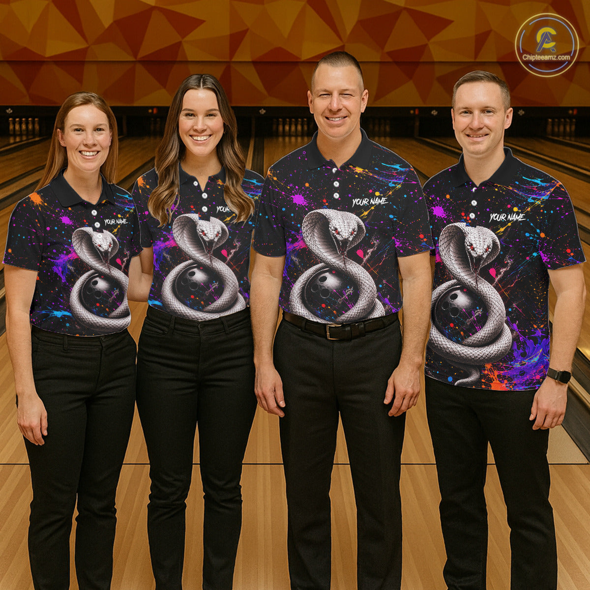 Four people wearing matching bowling shirts with a snake design on a bowling alley.