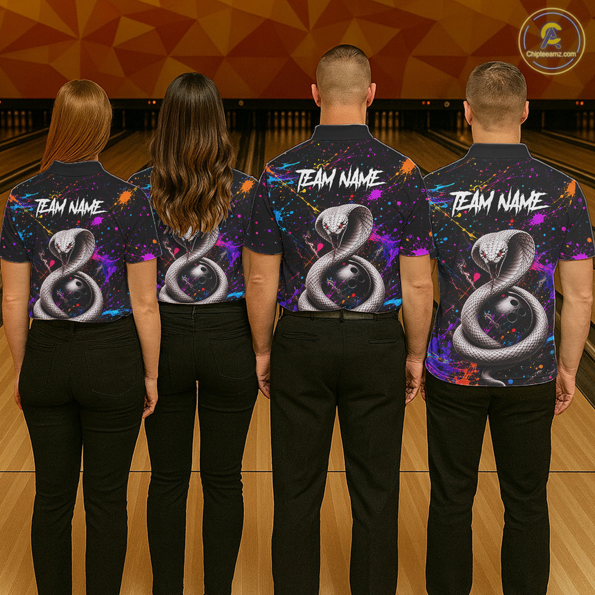 Four people wearing bowling shirts with snake design and 'Team Name' text on a bowling alley.