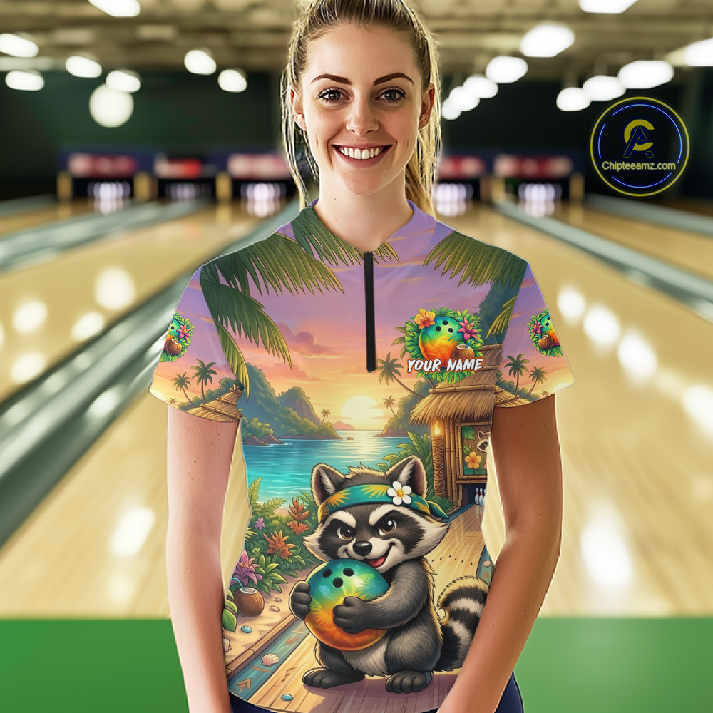 Floral Raccoon Bowling Shirt for Women Custom Bowling Team Jersey Polo & Quarter-Zip QZT993