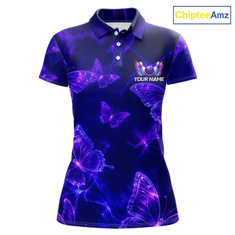 A women's short-sleeve polo shirt with a dark navy and purple neon butterfly print, featuring a customizable name graphic on the left chest. The ChipteeAmz logo is visible in the top right corner.