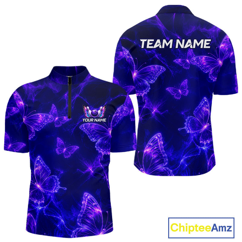 Custom short-sleeve quarter-zip shirt shown from the front and back on a white background. The shirt features a dark navy blue base with a vibrant purple and blue glowing neon butterfly pattern.