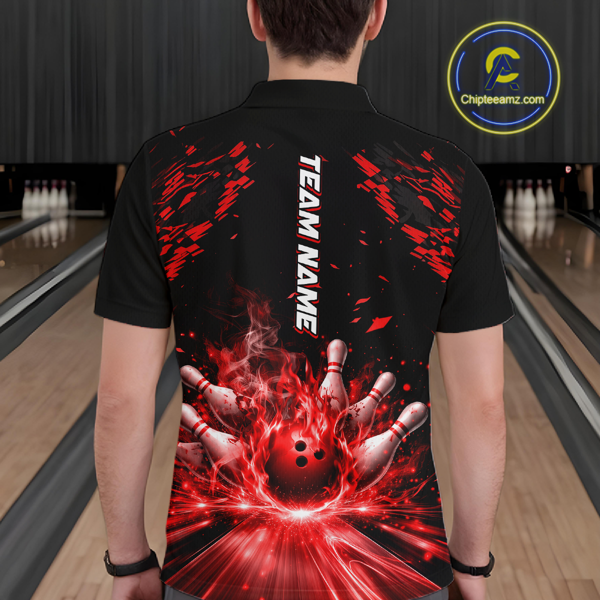 Custom Red Flame Bowling Team Shirt for Men Polo & 1/4-Zip Bowling Jersey Bowling League Uniform QZT866