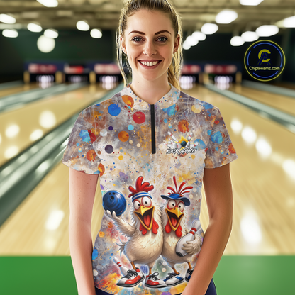 Custom Funny Chicken Bowling Team Shirt for Women Colorful Bowling Buddy Shirt Polo & 1/4 Bowling Outfit QZT955