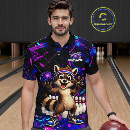 Custom Neon Funny Raccoon Bowling Team Jersey for Men Bowling Shirt Bowling Tournament Polo & 1/4-Zip QZT957