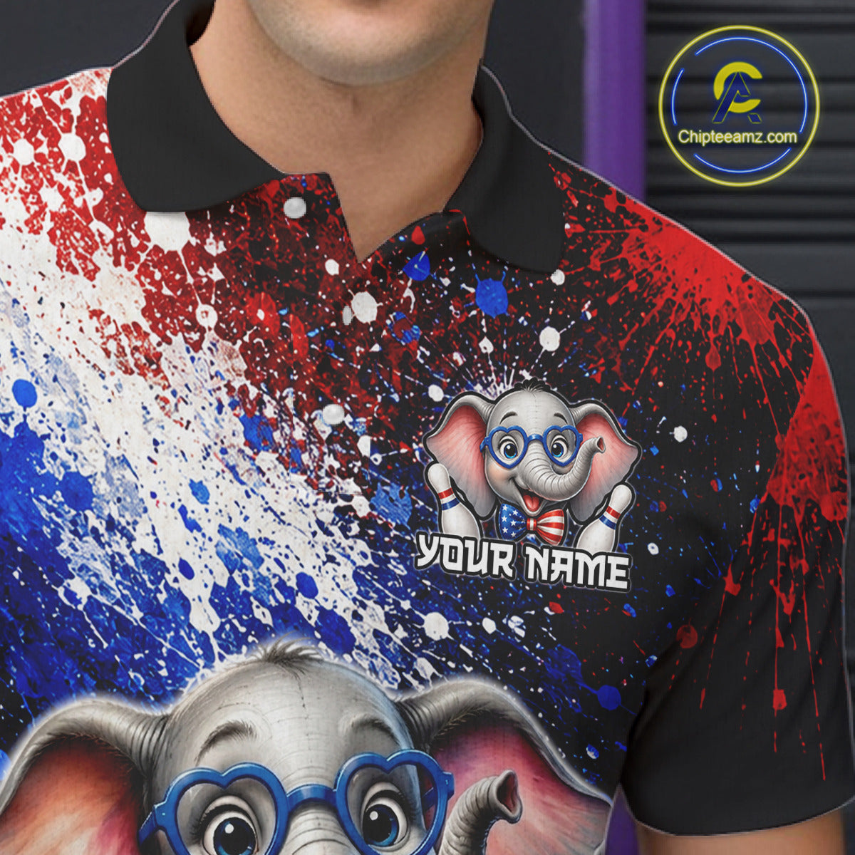 Close-up collar view of custom American Flag elephant bowling polo shirt with personalized name detail.