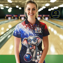 Load image into Gallery viewer, Woman wearing custom American Flag elephant bowling polo shirt, front view mockup, personalized bowling league jersey.
