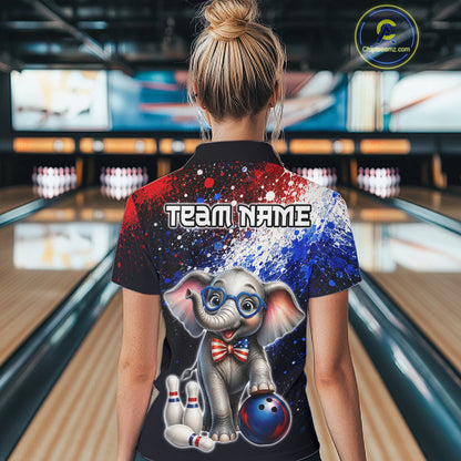 Woman wearing custom American Flag elephant bowling polo shirt, back view mockup, personalized bowling league jersey.