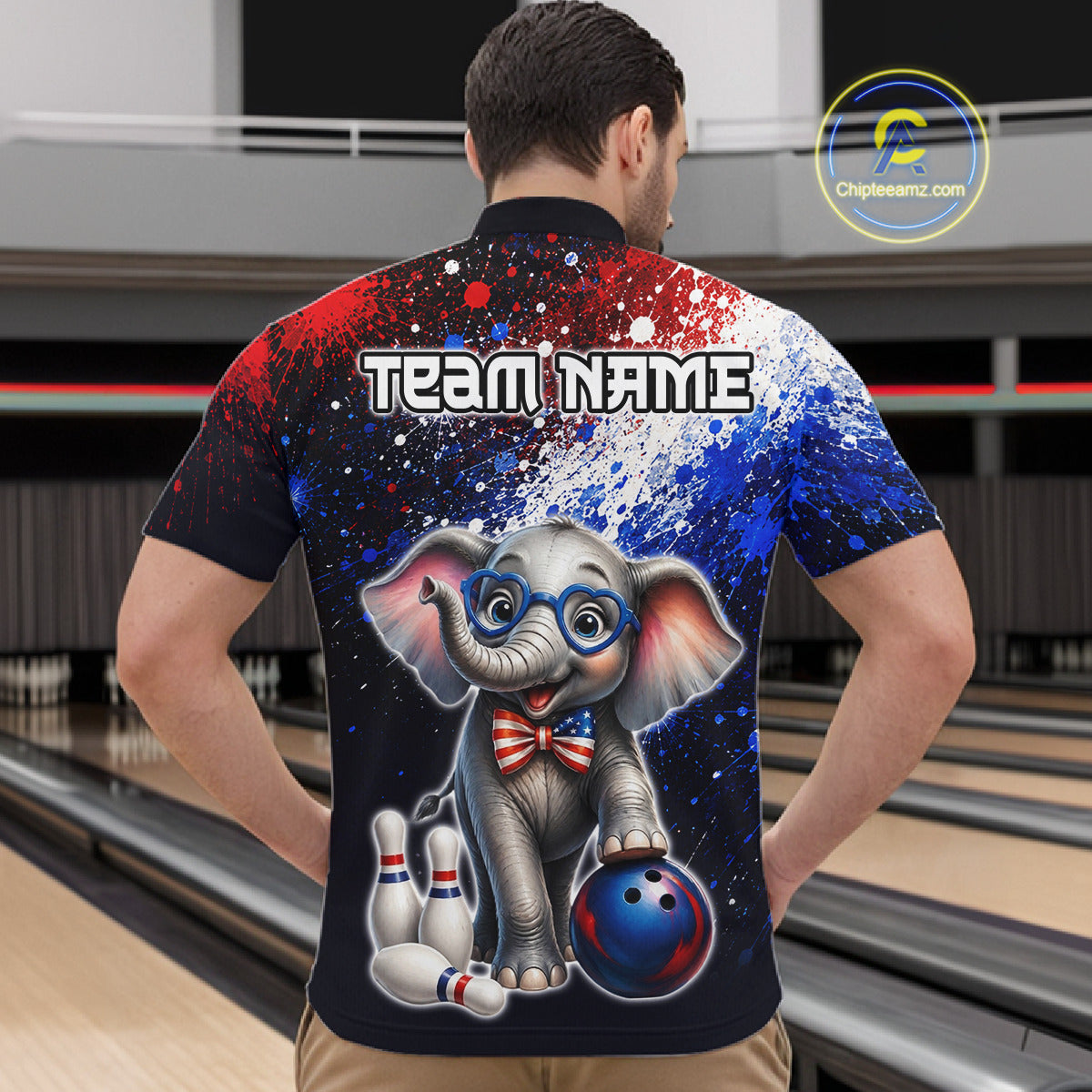 Man wearing custom American Flag elephant bowling 1/4 zip shirt, back view mockup, personalized bowling league jersey.