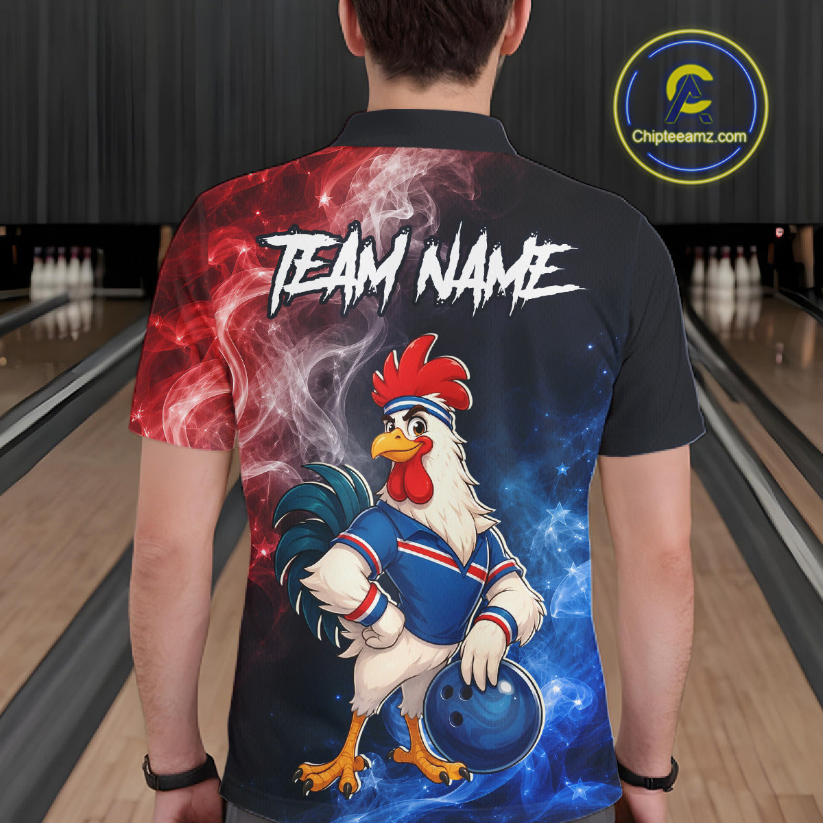 Man wearing custom American Flag smoke funny rooster bowling polo shirt, back view mockup, personalized bowling league jersey.