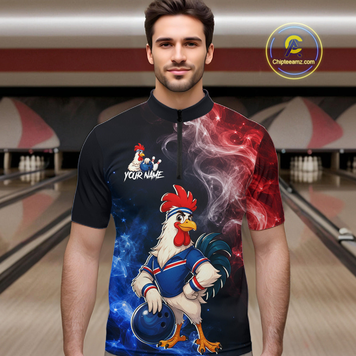 Man wearing custom American Flag smoke funny rooster bowling 1/4 zip shirt, front view mockup, personalized bowling league jersey.
