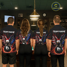 Load image into Gallery viewer, Four people wearing matching bowling shirts with eagle and ball design in a bowling alley.