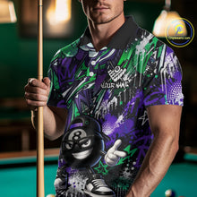 Load image into Gallery viewer, Person wearing a colorful polo shirt with a graphic design, holding a pool cue in a billiards setting.