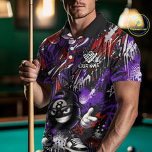 Load image into Gallery viewer, Person wearing a colorful polo shirt with a pool ball design, holding a pool cue on a pool table.