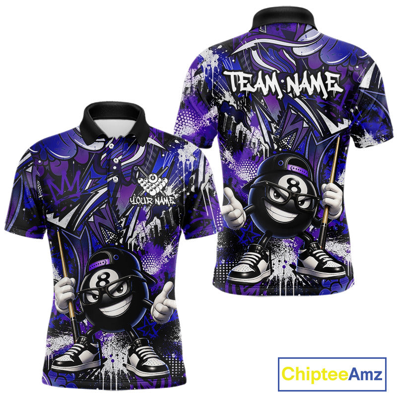 Purple and blue polo shirt with billiard ball design and 'Team Name' text, featuring Chiptee Amz branding.