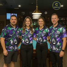 Load image into Gallery viewer, Four people wearing matching billiard shirts in a pool room.