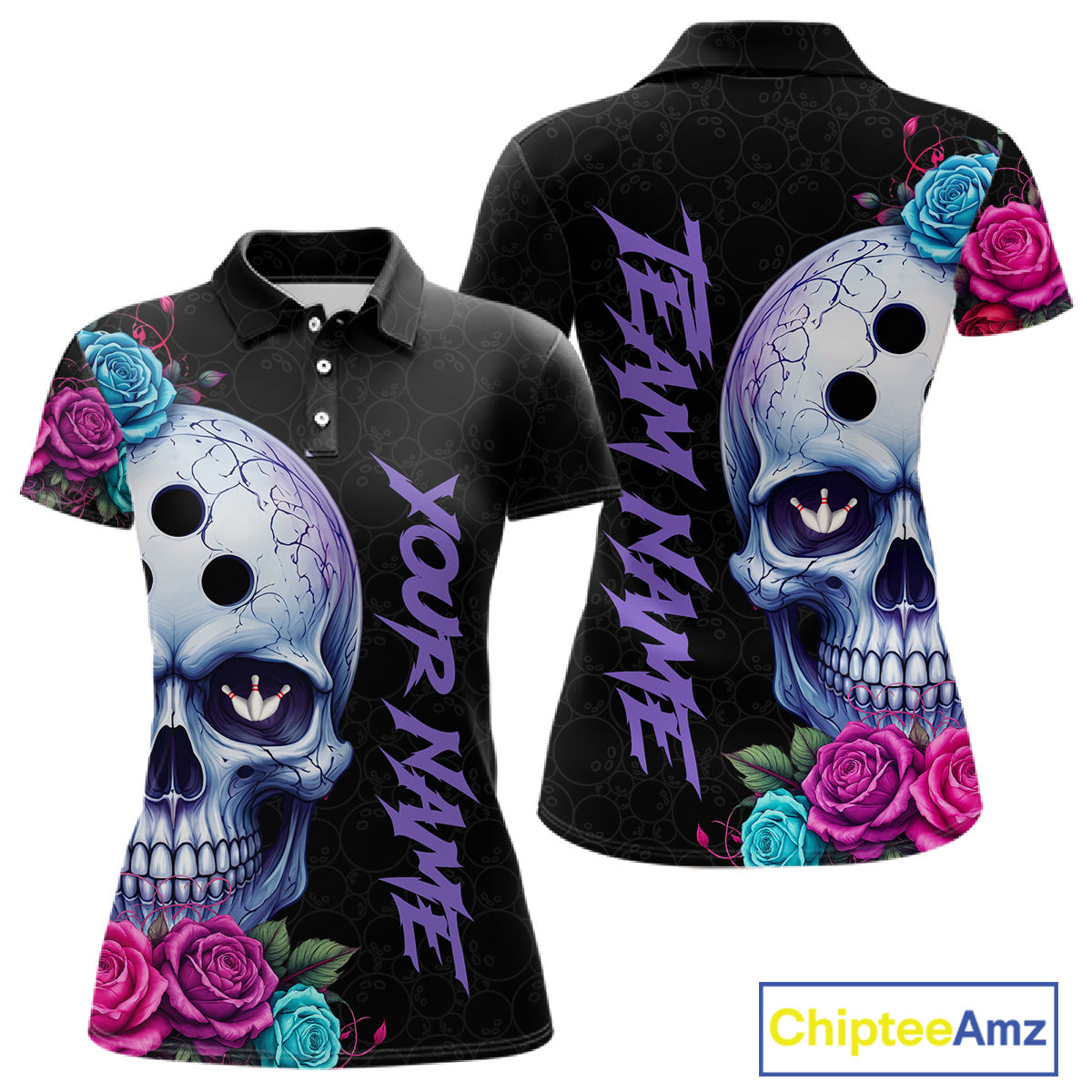 Black polo shirt with skull and floral design on front and back