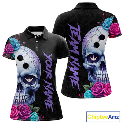 Black polo shirt with skull and floral design on front and back