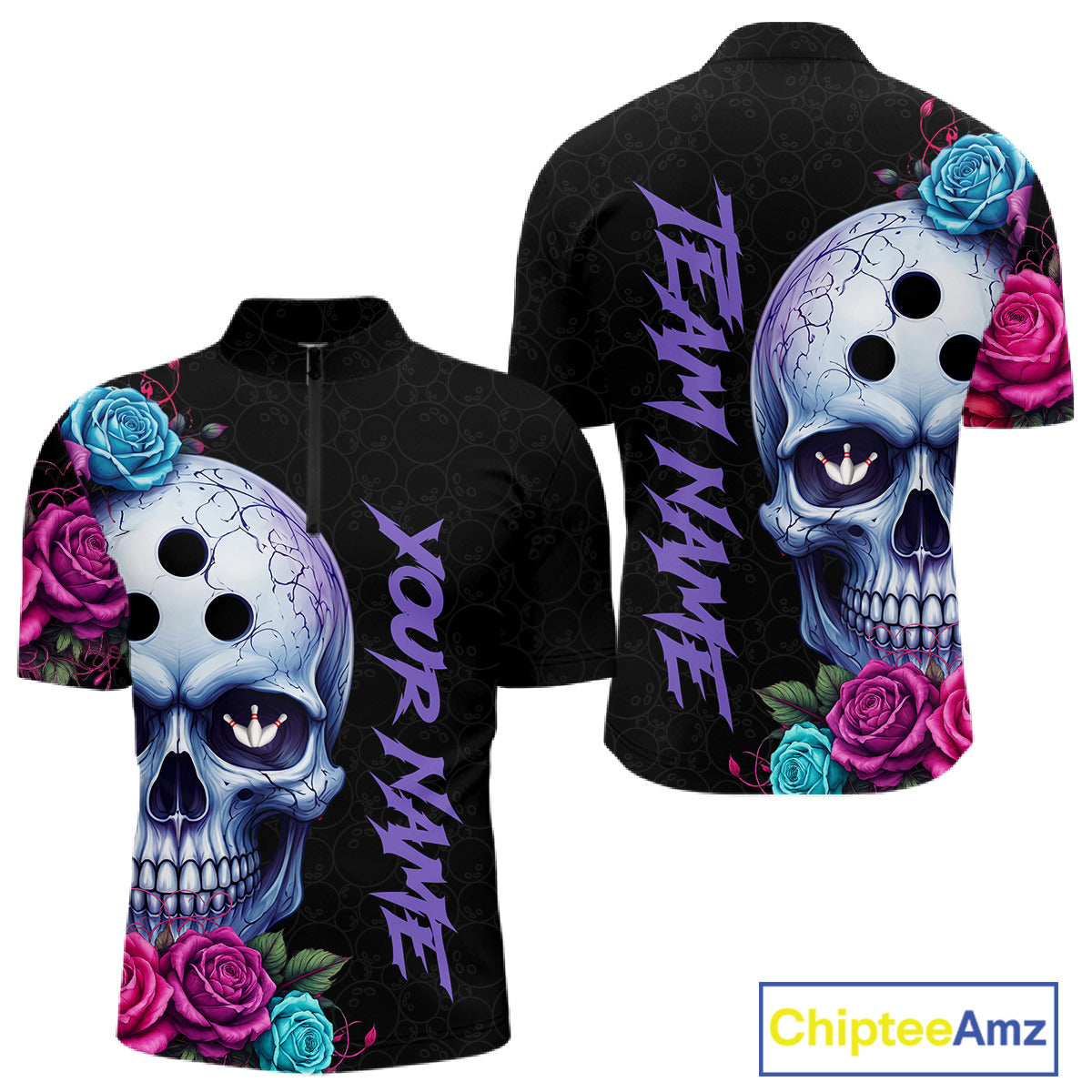 Black jersey with colorful skull and rose design on front and back, customizable text 'Your Name'.