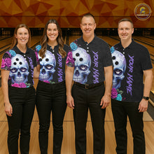 Load image into Gallery viewer, Four people wearing matching shirts with skull designs on a bowling alley.
