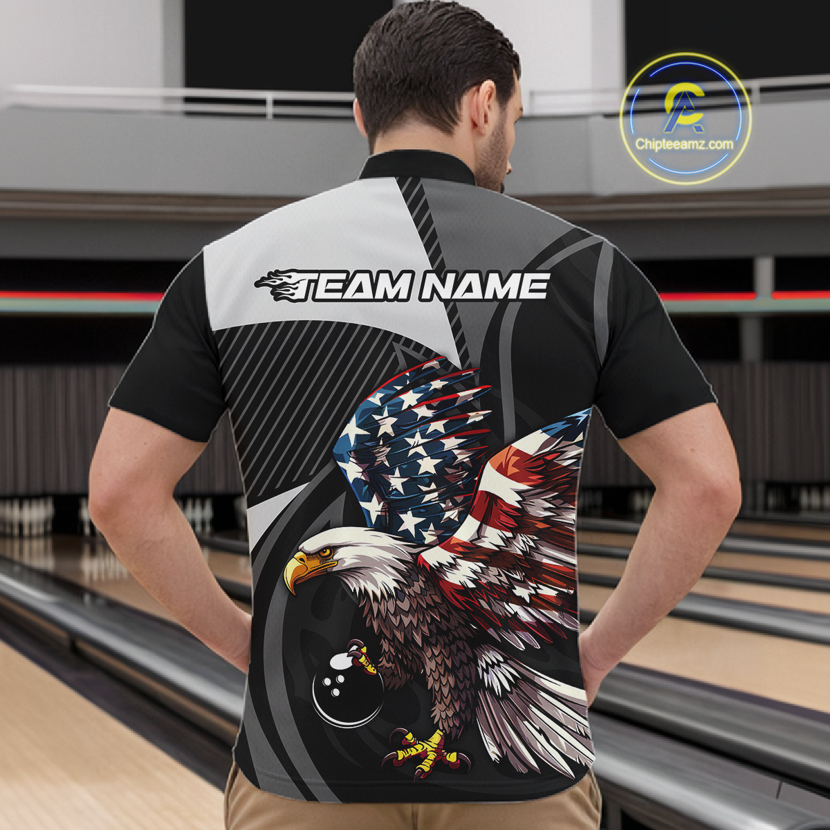 Custom American Flag Eagle Bowling Polo Shirt Quarter-Zip Bowling Jersey for Men QZT819