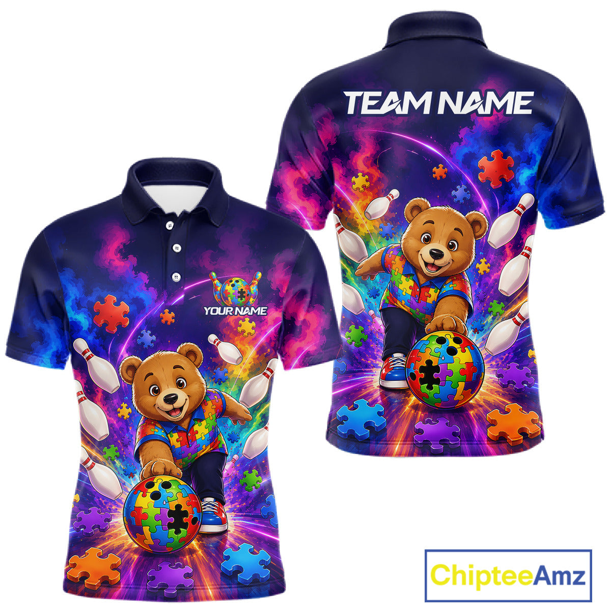 Colorful Autism Bear Bowling Shirt Custom Bowling Jersey League for Men Polo & Quarter-Zip QZT1052