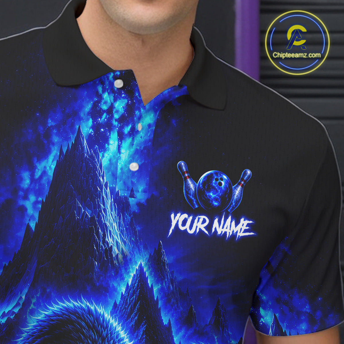 Black polo shirt with blue mountain design and bowling ball graphic, featuring 'Your Name' text.